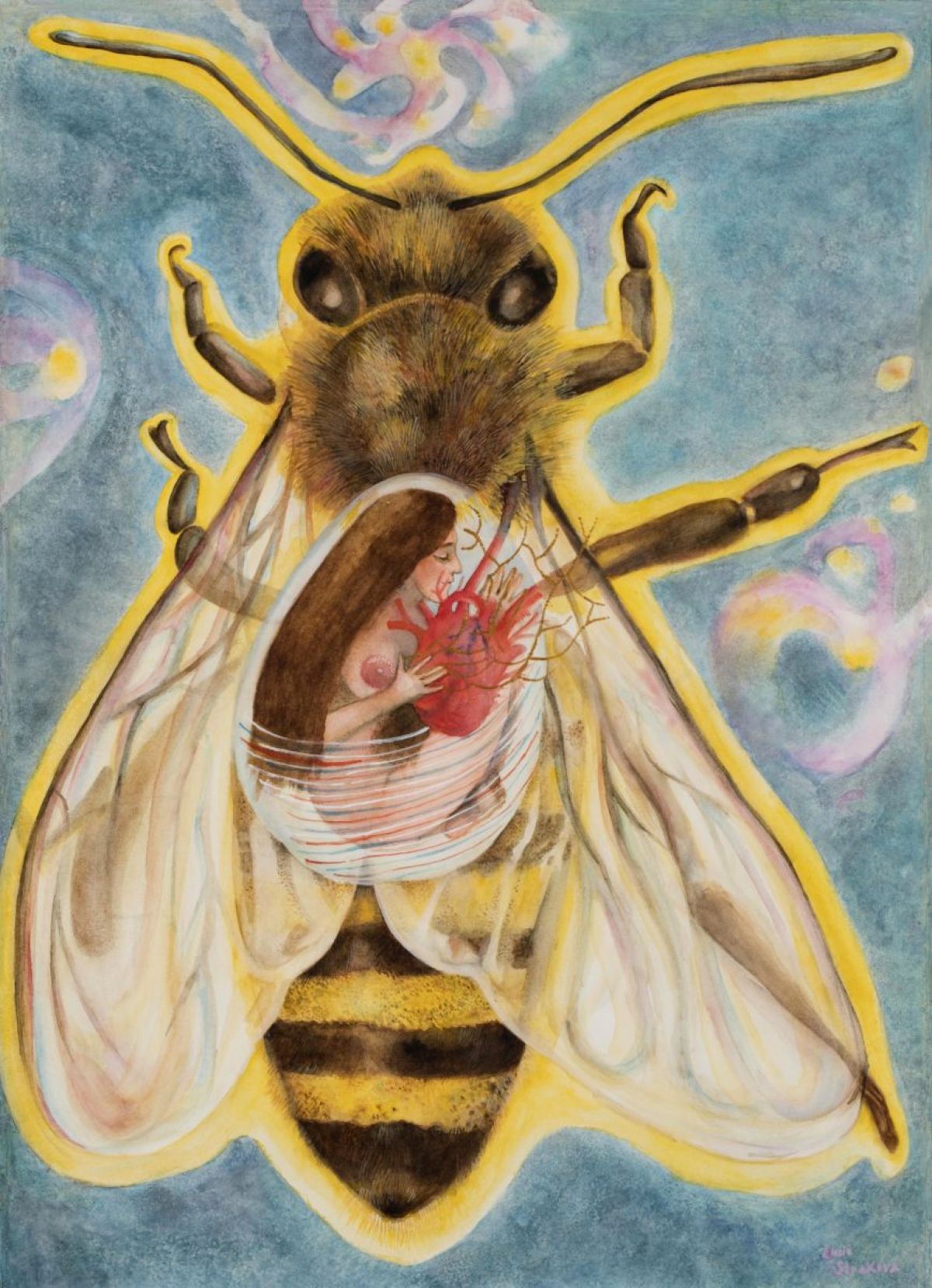 Včela, 49x68 cm, rok 2017 Brahmari Devi je indická bohyně, jejíž hindské jméno Brahmari znamená Včela. Říká se o ní, že svůj domov má v srdeční čakře, odkud vydává bzučivý včelí zvuk. Bzučení včel přináší esenciální zvuk univerza. Včelí bohyně připomíná, že skrze milující spolupráci, zaměření a vytrvalou práci můžeme vytvářet sladký nektar života..